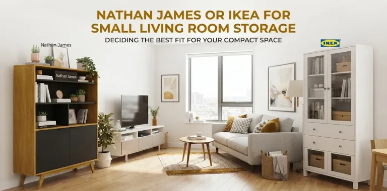 Nathan James or IKEA for small living room storage