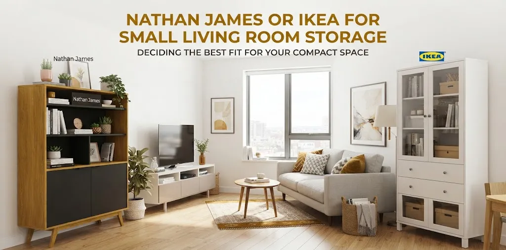 Nathan James or IKEA for small living room storage